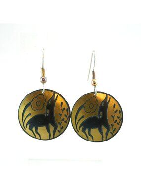 Vintage Deer Dangle Earrings Round Nature Wildlife Floral Gold Tone